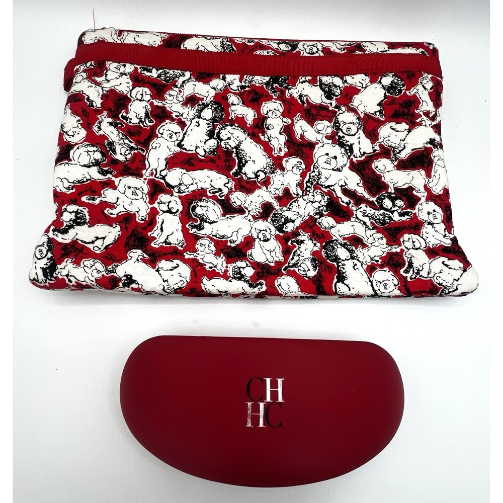 Caroline Herrera Red Matching Glasses Case and Large Makeup Bag Puppies Lot